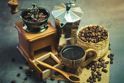 High angle view of coffee beans on table