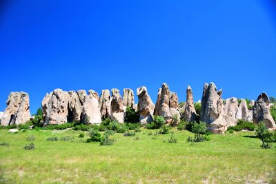 Rock formations on landscape against clear blue sky