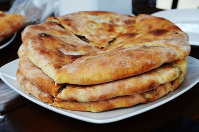 High angle view of bread in plate on table