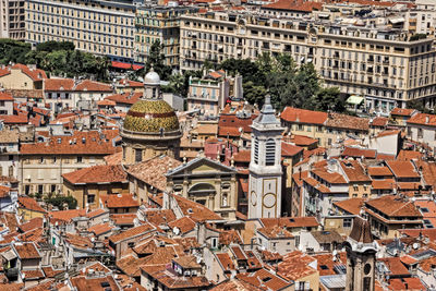 High angle view of buildings in city