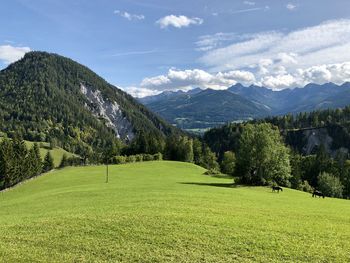 Scenic view of landscape and mountains against sky