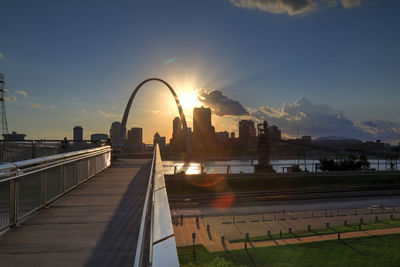 Bridge over river in city against sky during sunset