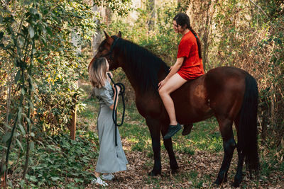 Woman standing with horse an friend