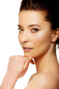 Close-up portrait of a serious young woman