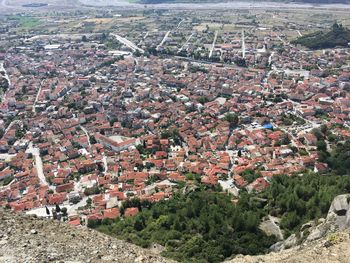 High angle view of townscape against clear sky