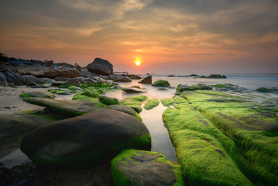 Rocks on beach against sky during sunset