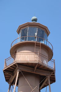Low angle view of lighthouse against clear blue sky