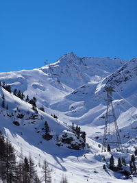 Scenic view of snow covered mountains against clear sky