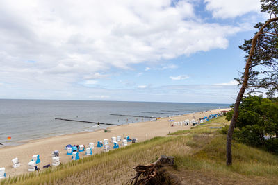 The view of the beach of zempin on the island of usedom with many beach chairs in summer