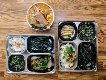 High angle view of various food on table