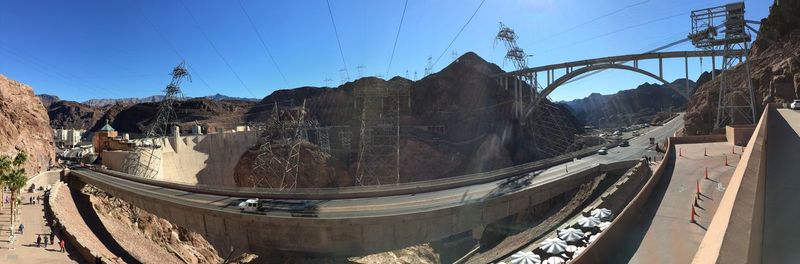 Panoramic view of dam and mountains against clear sky