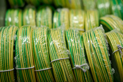 Close-up of green and yellow electric wires 