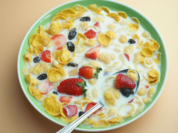 High angle view of breakfast on table