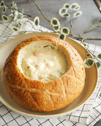 High angle view of bread in plate on table