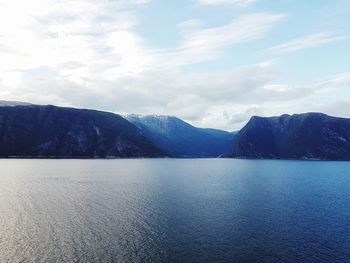 Scenic view of lake and mountains against sky