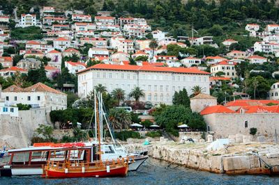 High angle view of townscape at harbor