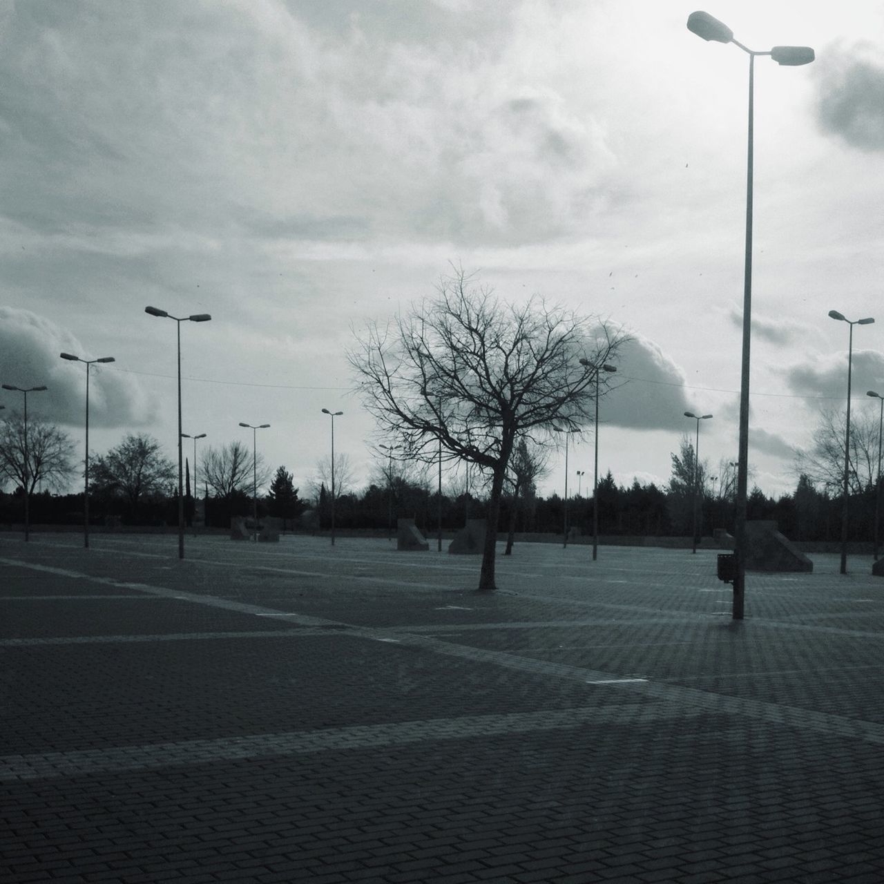 street light, sky, road, tree, street, transportation, cloud - sky, the way forward, cloudy, road marking, bare tree, empty, cloud, weather, silhouette, lighting equipment, car, outdoors, nature, city