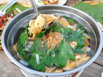 High angle view of food in plate on table