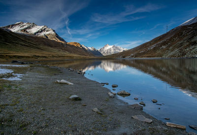 Scenic view of lake by snowcapped mountains against sky