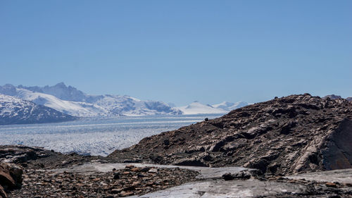 Scenic view of rocky mountains against clear sky