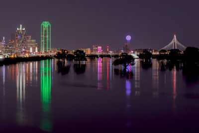 Reflection of illuminated buildings in river against sky at night