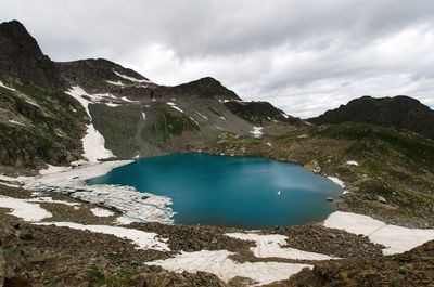 Scenic view of lake and mountains against sky