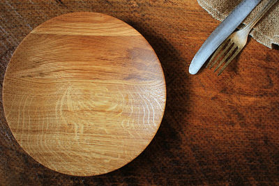 High angle view of bread on wooden table