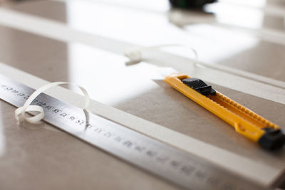 High angle view of pencils on table