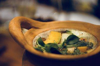 Close-up of noodles in bowl on table