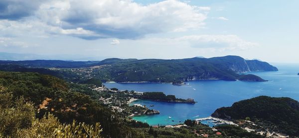 High angle view of bay against sky