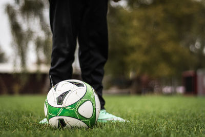 Low section of person standing on grassy field