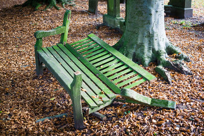 High angle view of bench in park