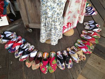 High angle view of colorful shoes at store for sale