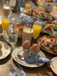 Close-up of breakfast served on table