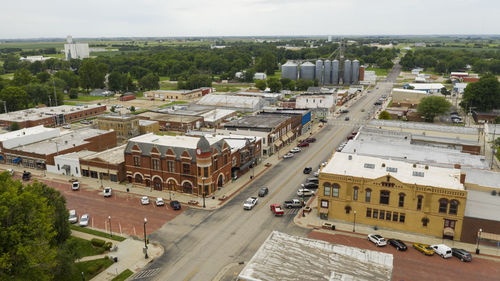 High angle view of street amidst buildings in city