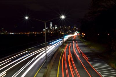 Light trails on road at night