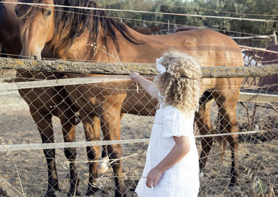 Little blonde girl feeding a horse in a stable