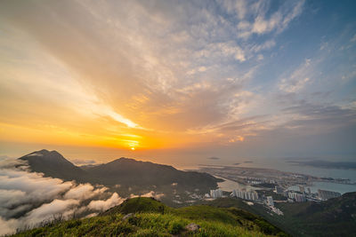 Scenic view of mountains against sky during sunset, sunset peak, lantau