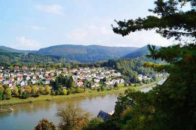 River by buildings against sky on sunny day