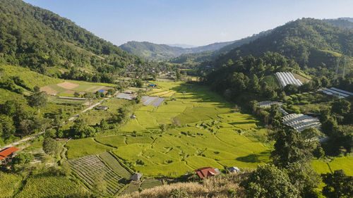 High angle view of buildings in town