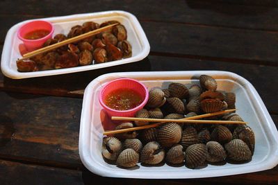 High angle view of food in plate on table