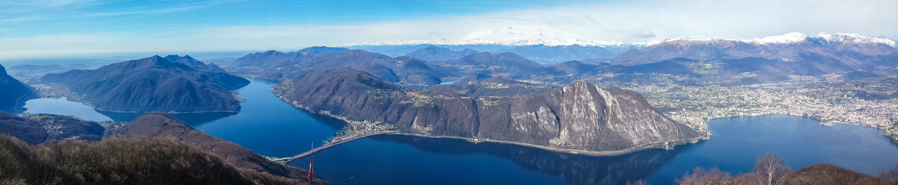 Wide angle view of lake lugano and the alps from the belvedere sighignola