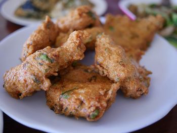 High angle view of meat in plate on table