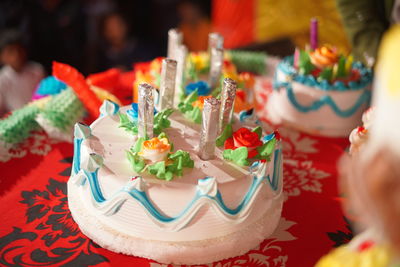 Close-up of birthday cake on table