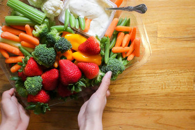 Close-up of hand holding strawberries