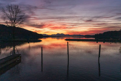 Scenic view of lake against sky during sunset