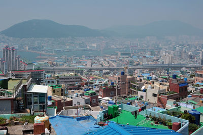 High angle view of buildings in city