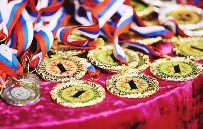 High angle view of medals on table