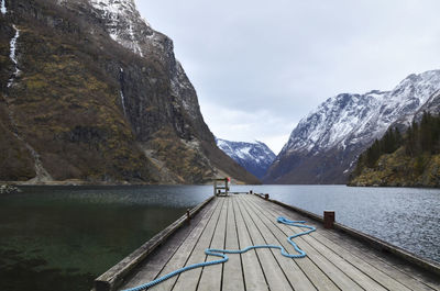 Scenic view of lake by mountains against sky