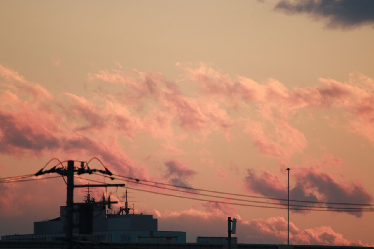 sky, cloud - sky, no people, outdoors, sunset, building exterior, built structure, electricity, connection, low angle view, silhouette, nature, architecture, industry, beauty in nature, day